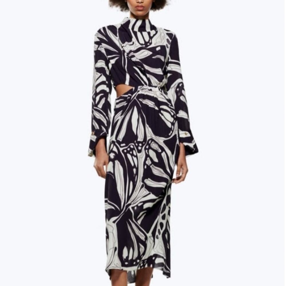 ZARA Printed Cut-out Long Sleeve Midi Dress Butterfly Print Purple XS
